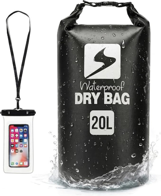 Soulsfeng Waterproof Dry Bag Backpack, Roll Top Floating Dry Storage Bag with Phone Case, Lightweight Dry Sack for Kayaking, Boating, Beach, Travel, Camping 20L, Black