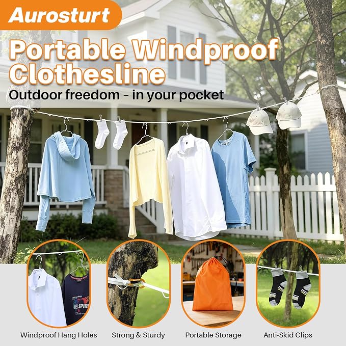 Portable Clothesline for Travel, Windproof Clothing line with Hang Hole, Outdoor & Indoor Laundry Drying with Clothes Clips Camping Accessories (White, 12.5 FT)