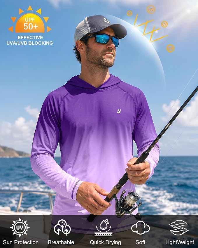 Roadbox UPF 50+ Fishing Shirts for Men, Long Sleeve UV Sun Protection Hoodie, Outdoor Hiking Running Swimming Rash Guard