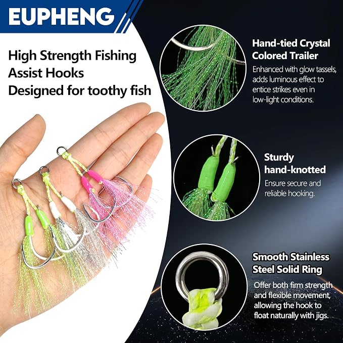 Eupheng Fishing Assist Hooks for Topwater Lures, Dancing Stinger Jigging Hooks Replacement Fishing Hooks for Freshwater & Saltwater