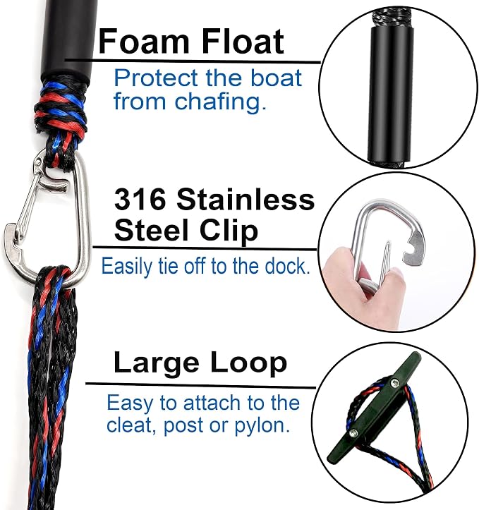 Boat Bungee Dock Lines, Mooring Rope with Stainless Steel Clip,Boat Ropes for Docking, Boat Accessories, Suit for PWC, Kayak, Seadoo, WaveRunner, Pontoon, Bass Boat, 4ft (Black & Blue red)
