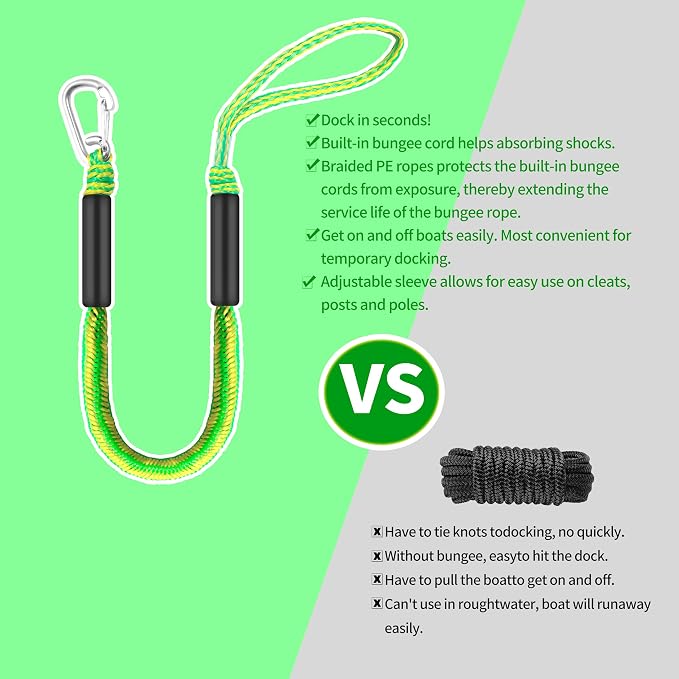 Boat Bungee Dock Lines – Adjustable Boat Tie Downs for Pontoon, Jet Ski, PWC, Kayak | Single Hook Small Cruiser Mooring Lines | (2, Green & Yellow, 3 Feet)