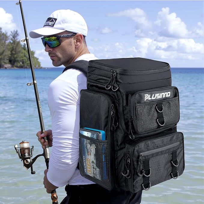 PLUSINNO Fishing Tackle Backpack with Rod Holders，42L Water-resistant Fishing Bag Store Fishing Gear,Fishing Gifts For Men.