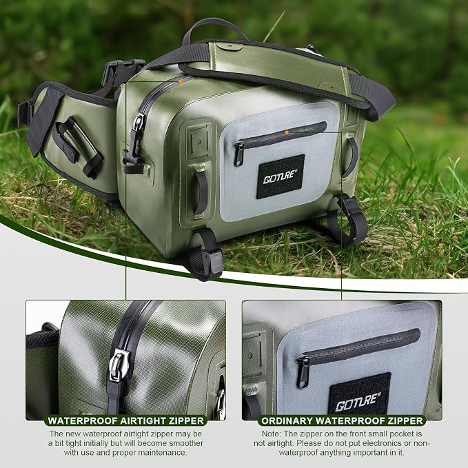 Goture Waterproof Fishing Waist Pack, IPX8 840D TPU Large Tackle Bag with Rod Holder, Airtight Zipper Closure, Fly Fishing Bag with Adjustable Waist Strap, Sling Fanny Pack with 16pcs Popper Flies