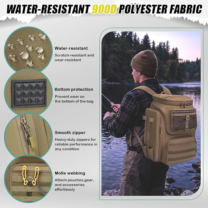 HAMBOLY Fishing Backpack 45L with Rod Holders, Water-Resistant Tackle Backpack for Fishermen, Large Capacity Fishing Gear Bag for Travel Hiking Camping