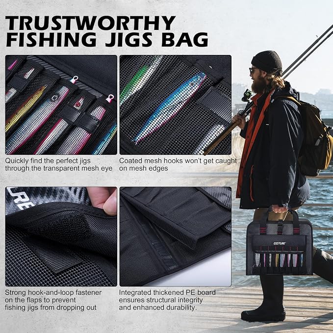 Goture Fishing Jig Bag,34 Mesh Pockets Portable Water-Resistant 600D PU Fishinig Lure Bag Saltwater Freshwater,Detachable Compartment, Suitable For Vertical Jig Slow Pitch Jigging Bait Tackle Storage