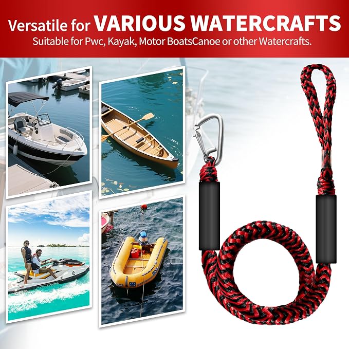 Bungee Dock Line with Stainless Steel Clip – Boat Dock Rope with Foam Float for Kayak, Canoe, Pontoon, Watercraft, SeaDoo, Docking – 4–5.5 ft, 2 Pack（Red&Black）