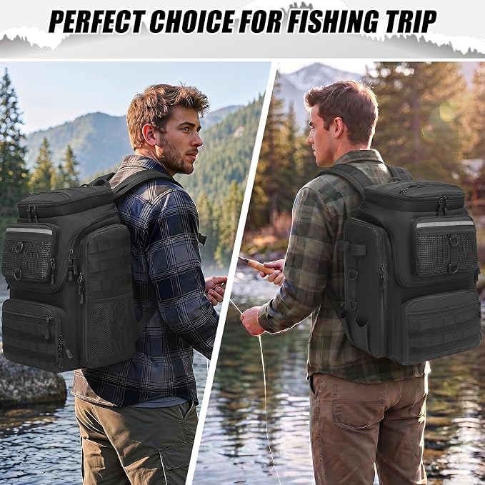HAMBOLY Fishing Backpack 45L with Rod Holders, Water-Resistant Tackle Backpack for Fishermen, Large Capacity Fishing Gear Bag for Travel Hiking Camping