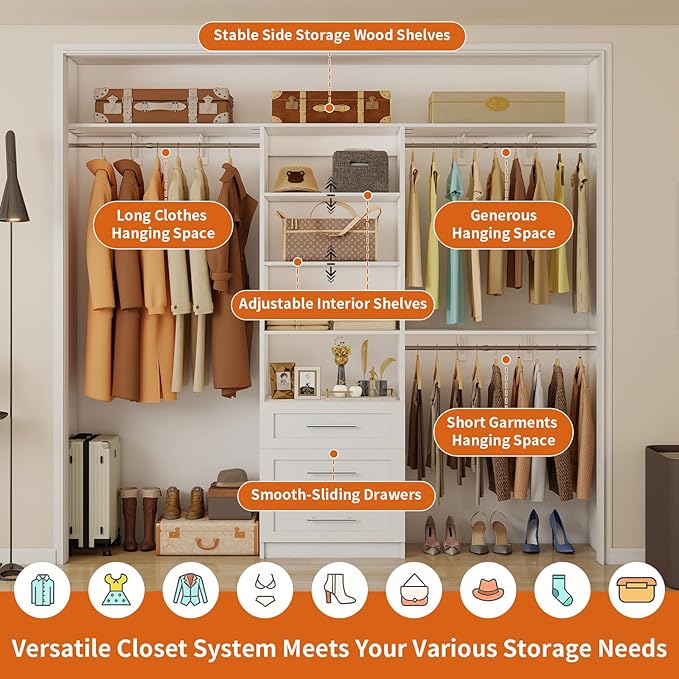 Closet System with 3 Drawers, 4-8FT Custom Closet Organizer System Modular with Adjustable Shelves for Walk in Closets with 3 Expandable Rods, Wood Built In Closet Storage System Heavy-Duty, White