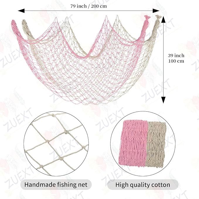 ZUEXT Fishing Nets Light Pink/Beige 80x40 Inch, 2PCS Picture Fish Netting Decor, Cotton Mermaid Net for Hawaiian Nautical Beach Party, Fishnet Photo Display, Sea Themed FishNet Decor Balloon Net