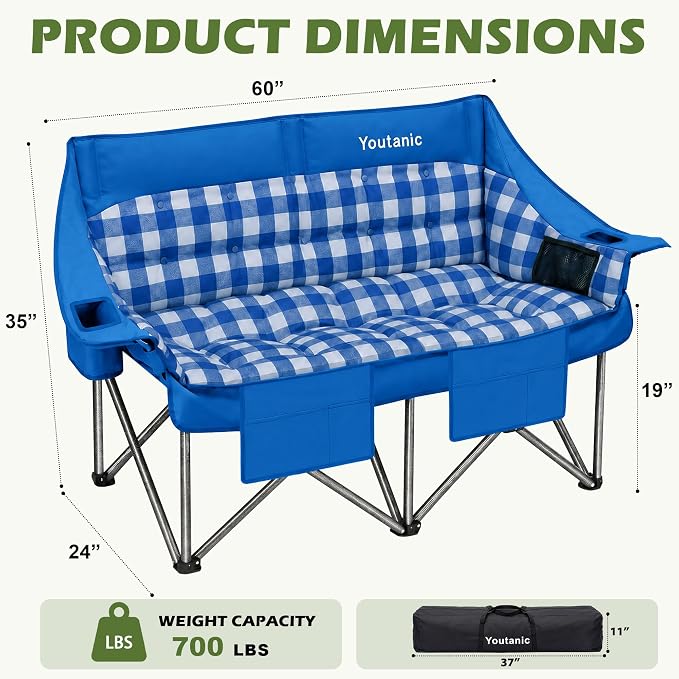 Youtanic 60" Extra Double Camping Chair, 700lbs Heavy Duty Padded Loveseat for Adults, Oversized 2 Person Folding Camp Couch with Dual Cup Holders, Portable Plaid Lawn Chair for Outside, Sports, Blue
