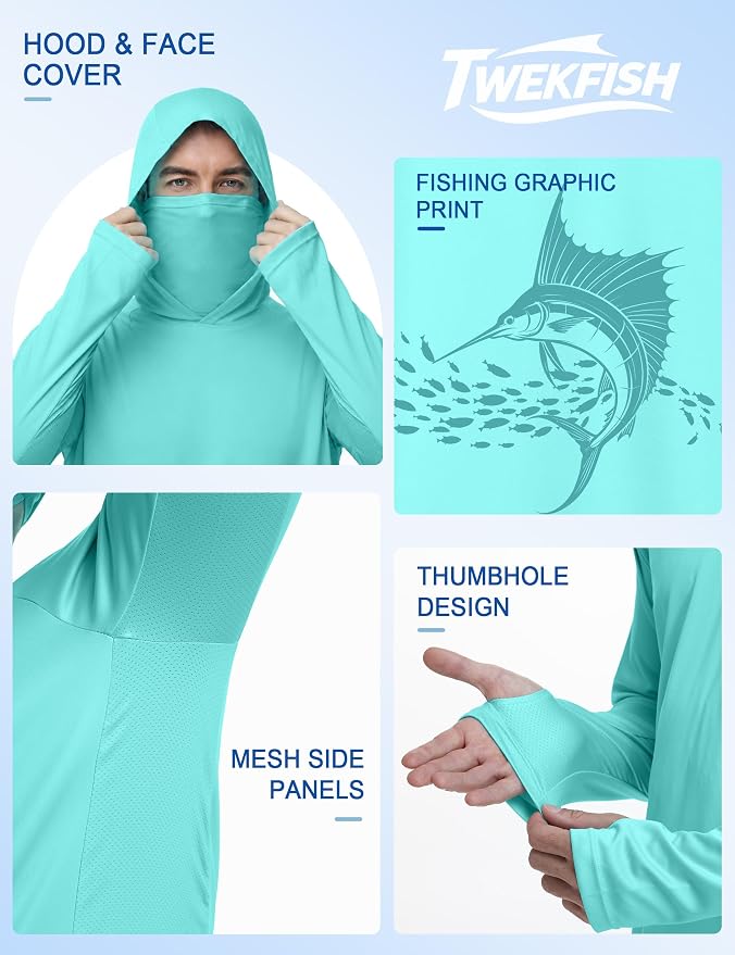 Men's UPF 50+ Long Sleeve Fishing Hoodie, UV Protection Sun Shirt with Hood Mask, Hooded Graphic Shirts for Outdoor