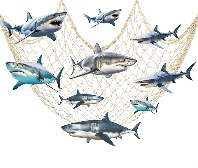 Silipull 11 Pcs Shark Birthday Party Decorations Kit Fishing Net Cute Cardstock Photo Prop for Birthday Sea Animal Indoor Outdoor Dessert Table Party Supply