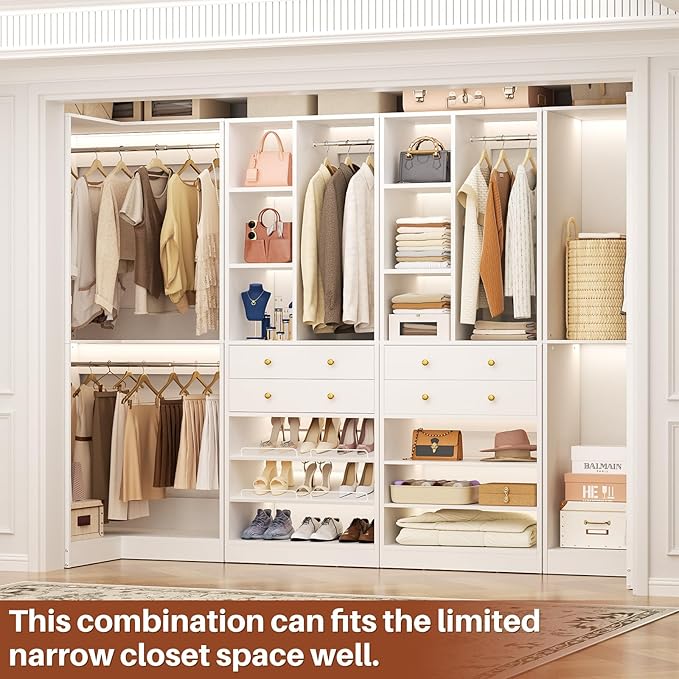 Closet System with 4 Drawers & Corner Tower, Closet Organizer System with 4 Hanging Robs, Reversible U Shaped Walk-in Closet System, Load 2600+LBS Capacity, Set of 4, White