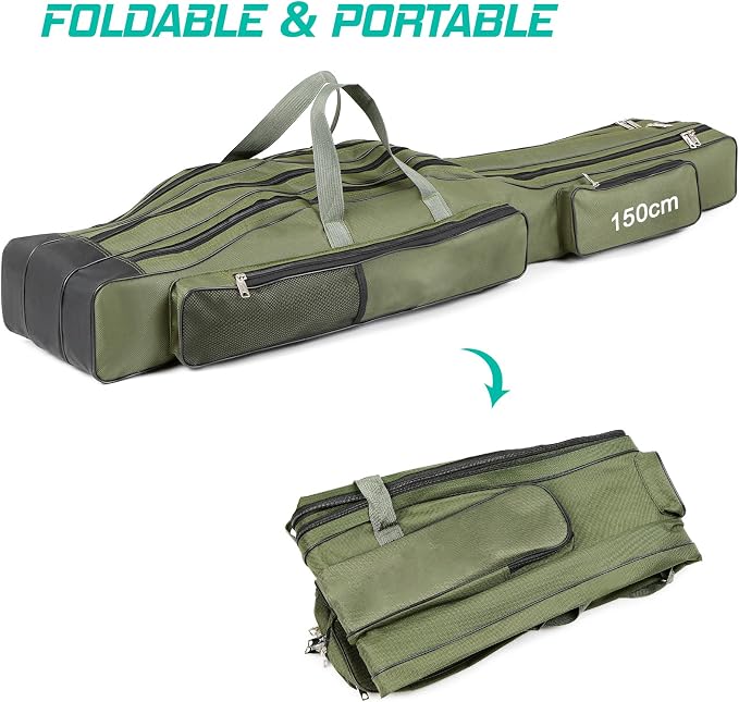 Fishing Rod Case with Fishing Tackle Box Portable Folding Rod Case Pole Reel Storage Bag Gears Organizer (150CM)