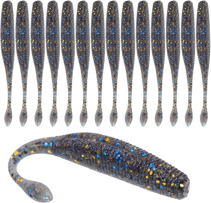 TEHAUX 15pcs Soft Baits Fishing Lures, High Density -Free 7.5cm Sinking Tail-Wagging Worms, Portable Fishing Supplies for Bass and Freshwater Anglers