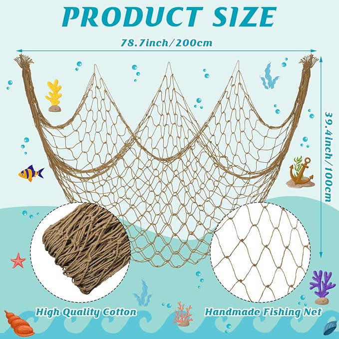 12 Pack Decorative Fish Netting for Party 80 x 40 Inch Natural Cotton Fish Net Decorations for Pirate Ocean Under The Sea Hawaiian Mermaid Party Picture Wall Hanging Decoration(Classic Color)