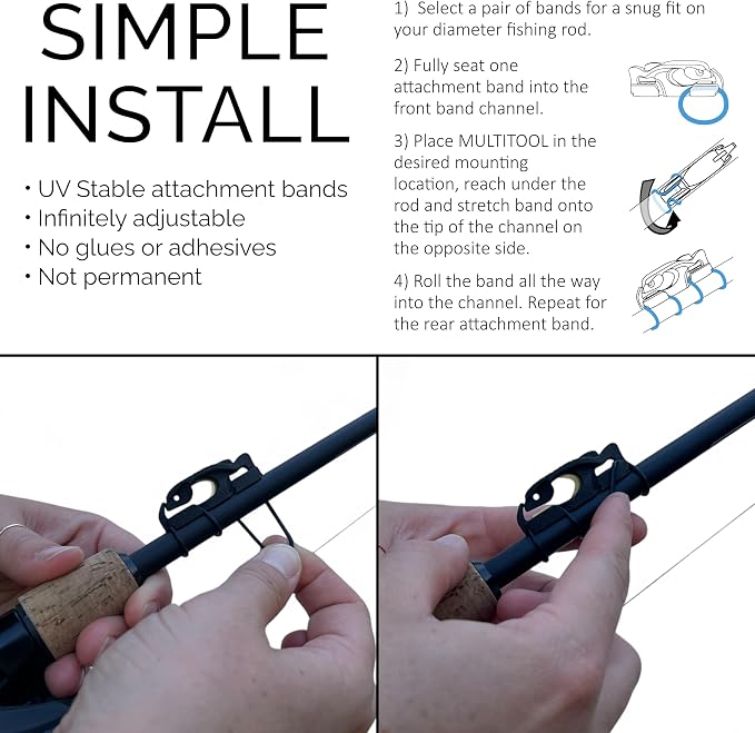 FinMan Multitool & Stow | Rod Mounted Line Cutter & Hook Keeper for Tackle Changes | Prevent Tangles, Keep Hooks Safe and Sharp, and Secure Weights | Easy to Install & Made in The USA
