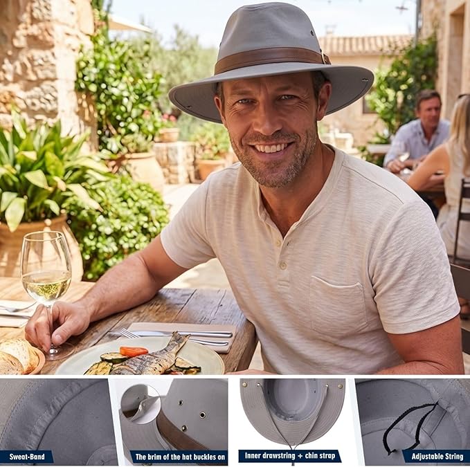 TOP-EX Cotton Aussie Outback Safari Hat, UPF 50+ Sun Hat Wide Brim with Chin Strap, Breathable Packable Bush Hat Men Women