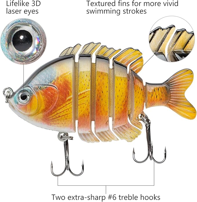 BASSDASH SwimPanfish Multi Jointed Panfish Bluegill Swimbaits Hard Topwater Bass Lures Fishing Lure Crank Saltwater 3.5in/0.85oz,Pack of 4