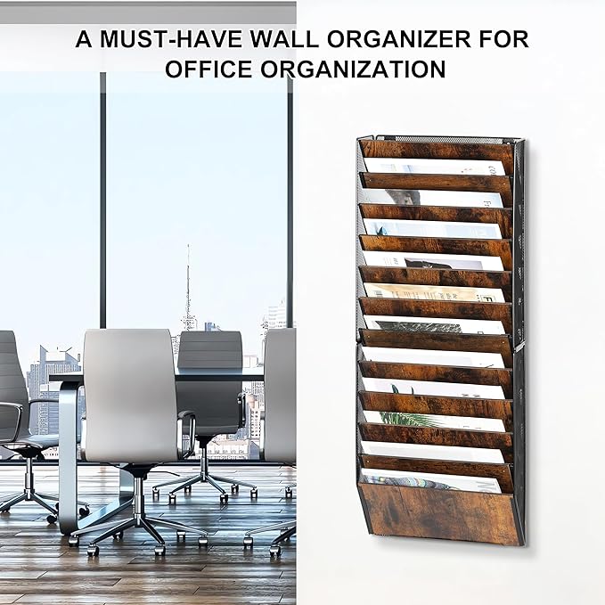 TQVAI 12-Pocket Hanging Wall File Organizer - Metal Folding Wall Mounted Mail Document Holder, Multi-Purpose Clipboard Storage Rack for Office, Homeschool, Classroom Organization, Black/Vintage