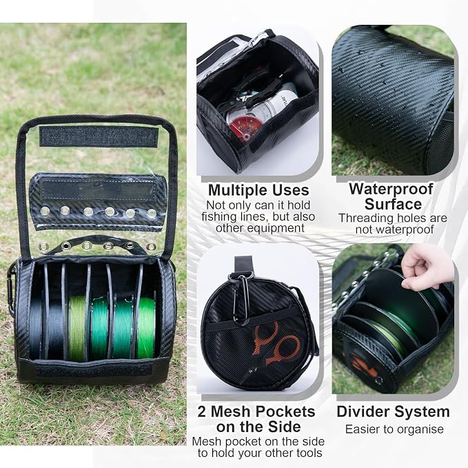 Goture 3/6 Outlet Holes Fishing Line Storage Bag, 2 Sizes Clear View Window Fishing Line Case, Removable Divider Fishing Line Organizer, Water-Resistant Surface, Tangle-Free Leader Line Spool Bag