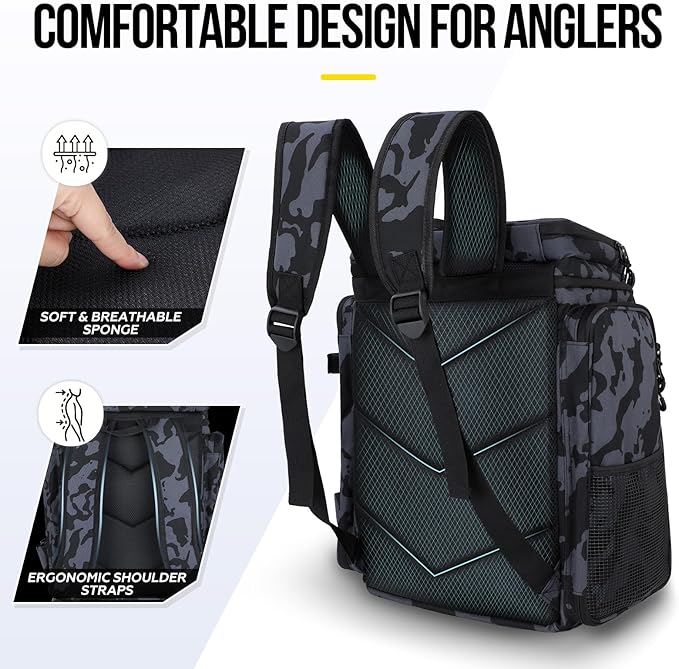 PLUSINNO Fishing Tackle Backpack with Rod Holders，42L Water-resistant Fishing Bag Store Fishing Gear, Fisher Gifts For Men.