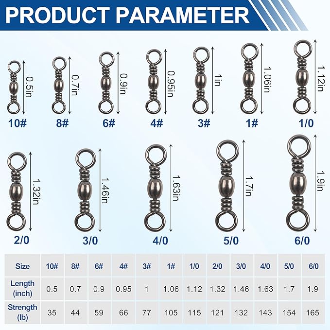 Fishing Barrel Swivels - 50/100 pcs Rolling Ball Bearing Fishing Swivel with Solid Ring Fishing Tackle Hook Line Connector Copper with Stainless Steel Black Nickle Coated Test Strength 35-165lbs