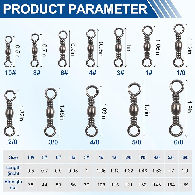 Fishing Barrel Swivels - 50/100 pcs Rolling Ball Bearing Fishing Swivel with Solid Ring Fishing Tackle Hook Line Connector Copper with Stainless Steel Black Nickle Coated Test Strength 35-165lbs