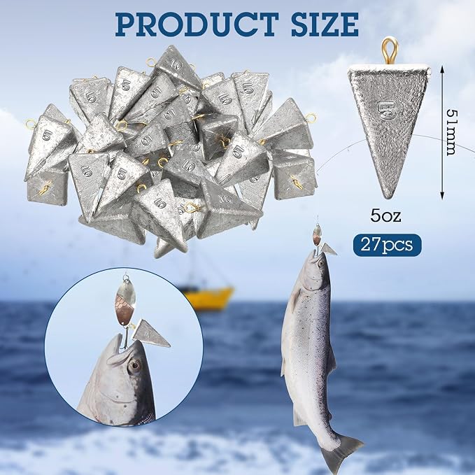 Zhanmai 27 Pieces Pyramid Fishing Weights Sinkers Triangle Rig Pyramid Sinkers for Ocean Saltwater Surf Bass Catfish Fishing Weights Casting Gear Tackle Essential