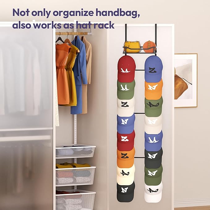 SWTYMIKI Over The Door Purse Organizer - Wall Mounted Purse Rack with 16 Hooks and Metal Basket, Handbag Hanger Organizer Holds up to 16 Bags, Bag Rack Can Use As 1/2 Part, for Door, Closet