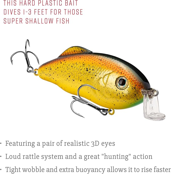 Strike King Hybrid Hunter Shallow Jr. Fishing Lure, Shallow Diving Crankbait, 90-Degree Bill, 3D Eyes, Loud Rattle, Dives 1 to 3-Feet,Size 4 & 6 Treble Hooks
