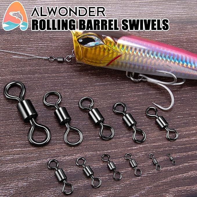 Alwonder Fishing Barrel Swivels 20 to 50-Pack Swivels Fishing Tackle Freshwater Saltwater Swivel Rolling Swivel Heavy Duty Black Nickel Stainless Steel Lures Leaders Line Connectors Terminal Tackle