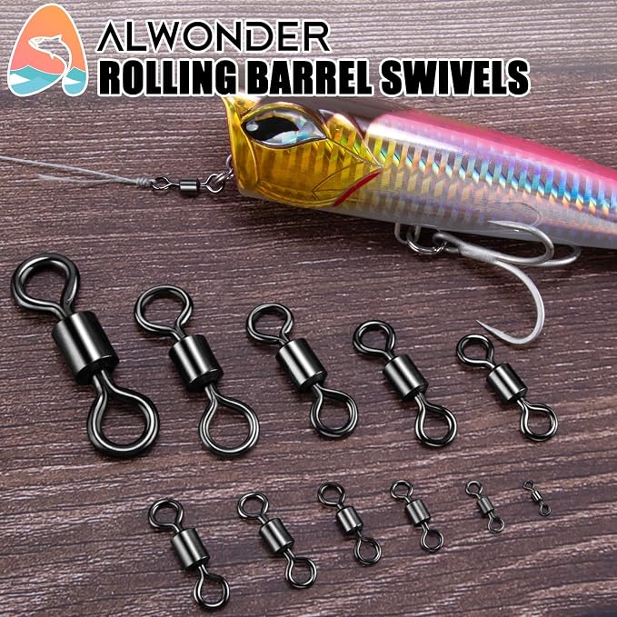 Alwonder Fishing Barrel Swivels 20 to 50-Pack Swivels Fishing Tackle Freshwater Saltwater Swivel Rolling Swivel Heavy Duty Black Nickel Stainless Steel Lures Leaders Line Connectors Terminal Tackle