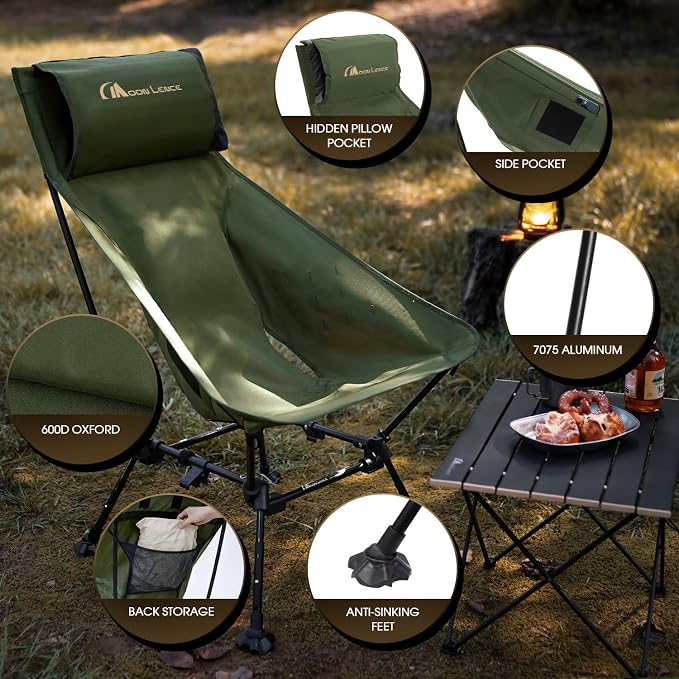 MOON LENCE Oversized High Back Camping Chair for Adults, Height Adjustable Folding Camp Chair | 400 lbs Capacity & 5.4 lbs Weight, Hidden Pillow Pocket Wide Seat for Camping Fishing Overlanding, Green