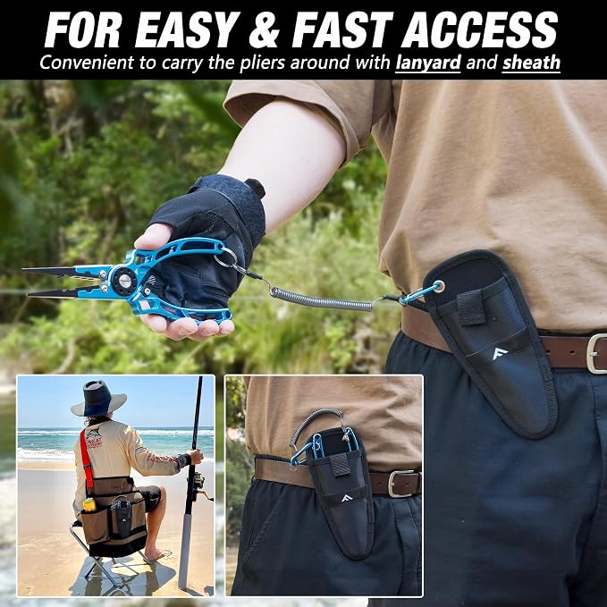 FLISSA Fishing Pliers, Safety Lock Design Fish Pliers Saltwater, Aluminum Hook Remover, Titanium 6Al-4V Jaw and Tungsten Carbide Line Cutters, Sheath & Lanyard, Fishing Gear Gifts for Men