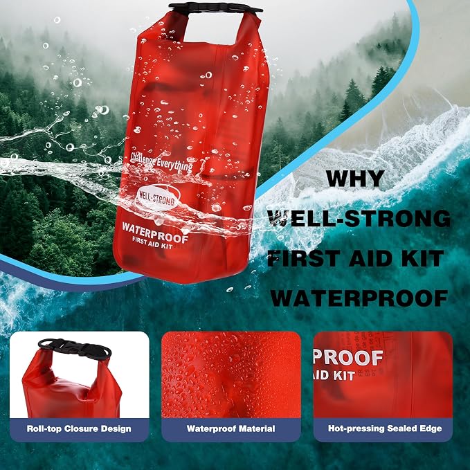 Boat First Aid Kit Waterproof, WELL-STRONG Marine Emergency Kit with Roll Top Dry Bag for Boating Fishing Kayaking – Water-Resistant Contents for Camping & Beach（Transparent Red）