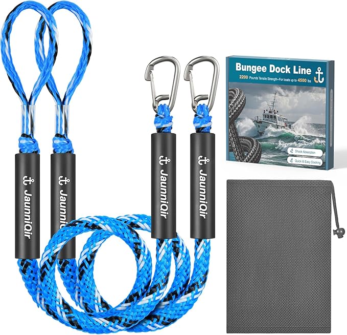 JaunniQir Bungee Dock Lines for Boats 4.3 Feet, 2 Pack Dock Lines with 316 Stainless Clips for PWC, Jet Ski, Kayak, Watercraft, Pontoon, Shock Absorbing Tie Off Downs Boat Mooring Ropes Accessories