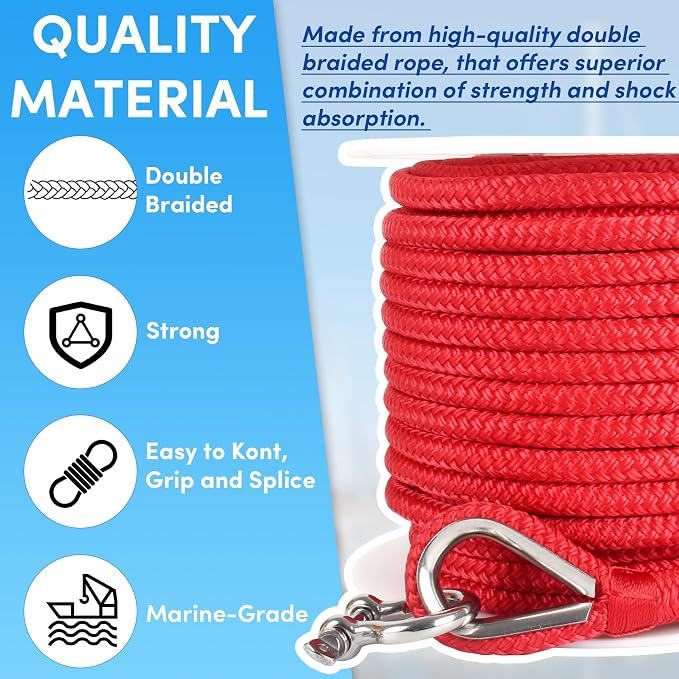 Boat Anchor Rope 100 ft x 3/8 inch Red, Double Braided Anchor Line with Stainless Steel Thimble & Shackle, Marine Rope Ideal for Towing,Mooring,Decks,Anchoring,for Boats Up to 27'