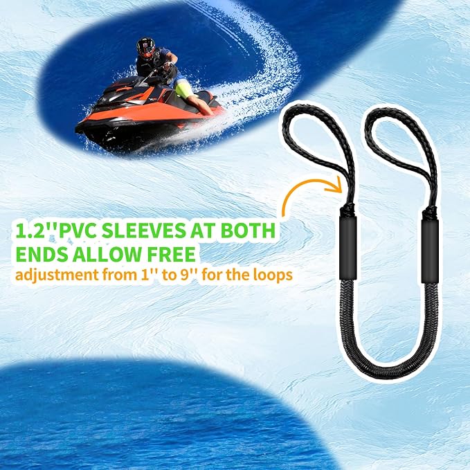 4-Pack Bungee Dock Lines for Boats with Loops, Boat Tie Downs for Docking, Adjustable Boat Mooring Rope for Pontoon, Jon Boat & PWC (Black, 4 FT)