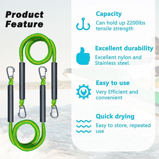 Bungee Boat Dock Line, Boat Rope with Double 316 Stainless Steel Clips Accessories for Bass Boat, Kayak, Pontoon, Watercraft, Waverunner, SeaDoo, Canoe,2Packs,4-6FT, Yellow&Green