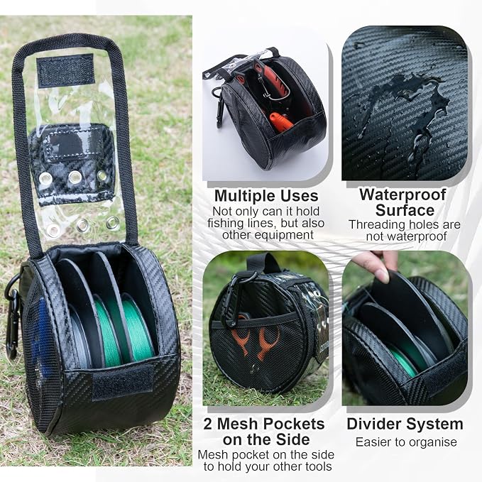 Goture 3/6 Outlet Holes Fishing Line Storage Bag, 2 Sizes Clear View Window Fishing Line Case, Removable Divider Fishing Line Organizer, Water-Resistant Surface, Tangle-Free Leader Line Spool Bag