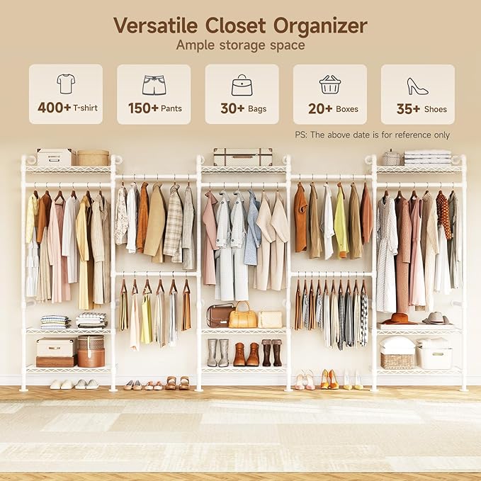 H5 Wall Mounted Closet System, Industrial Pipe Clothes Racks Clothing Rack with 4 Telescopic Rods & 3 Fixing Rods & 9 Shelves, Heavy Duty Closet Organizers and Storage in Wardrobe Closet (White)