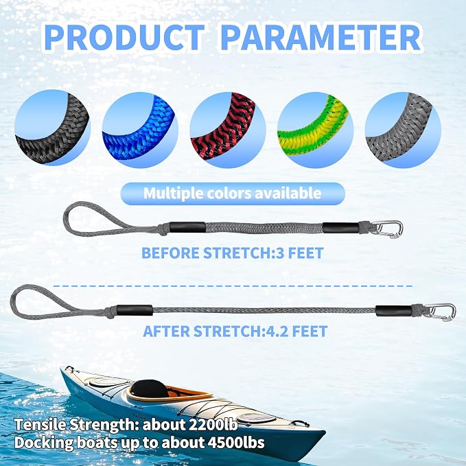 3FT Boat Dock Line Shock Absorbing Mooring Bungee Dock Lines for Boats Accessories Ideal for Jet Ski, SeaDoo, Kayak, Pontoon, Power Boat 2PCS (Grey, 3FT-Single Clips)