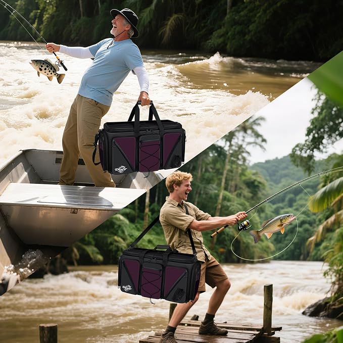 Handor Waterproof Fishing Tackle Bag, Large Saltwater Resistant Storage, 1000D PVC Material, Holds 3600 3700 Trays (Black and Purple, Large Bag)