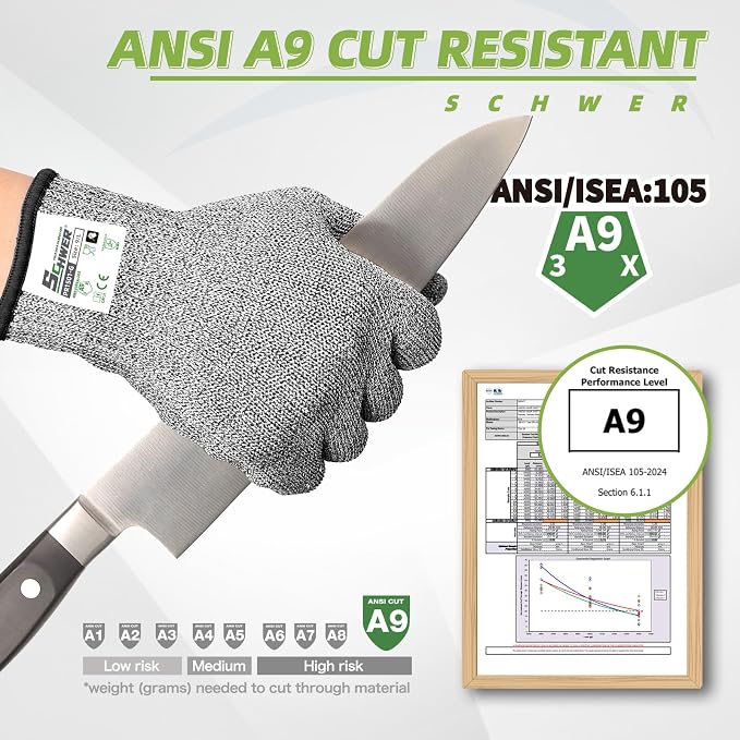 Schwer SlicePro ANSI A9 Cut Resistant Gloves, Food Grade Cutting Gloves for Kitchen Food Prep, Mandoline Gloves for Meat Cutting, Oyster Shucking, Fish Fillet Processing, PR1501-G, 10 Pairs, L