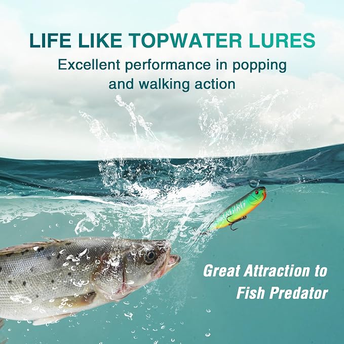 FLISSA 5PCS Top Water Fishing Lures Kits, Bass Fishing Lures for Freshwater & Saltwater, Realistic Hard Bait, Popper Fishing Lure with Treble Hooks for Trout, Bass, Salmon, Walleye Fishing