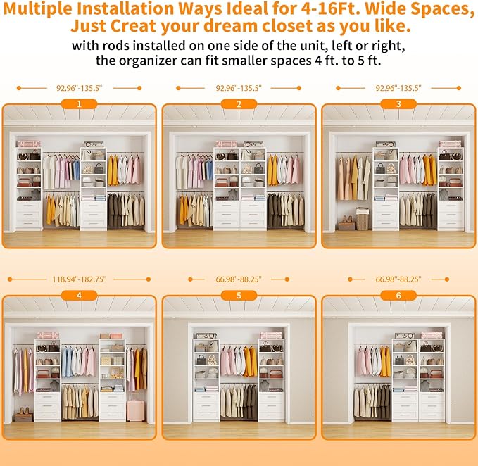 Closet System with 6 Drawers, 6FT-15FT Large Walk in Closet Organizer System with 8 Expandable Hanging Rods, Heavy Duty Wood Closet Storage System with 8 Shelves for Bedroom,White