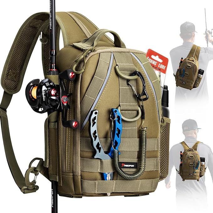 Piscifun Fishing Backpack with Rod Holder, Lightweight Sling Bag Storge Gear and Equipment