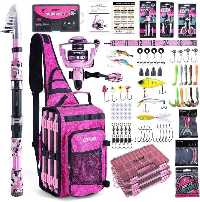 Goture Pink Fishing Rod and Reel Combo - ML Action Spinning Reel Pole with Pink Bag - Telescopic Rod Kit for Starter Travel Saltwater Freshwater, Gift for Woman